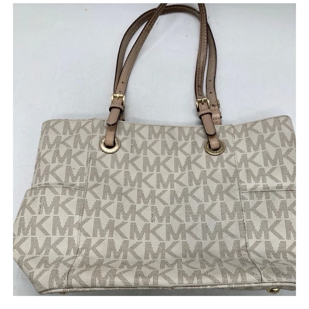 Michael Kors Signature Beige Logo Large Tote Zip Top Gold Hardware MK Charm